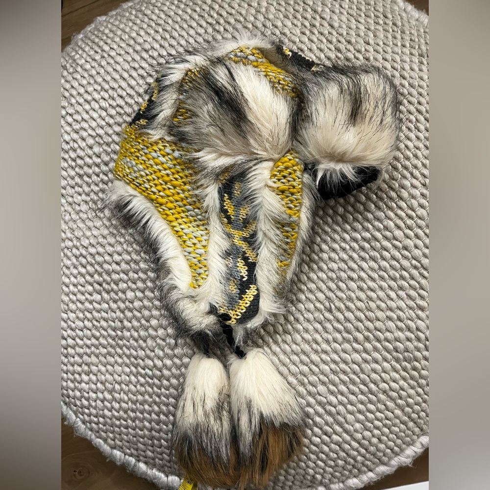 Grizzly Faux Fur Trapper Hat Yellow Gray Ivory - Picture 6 of 9